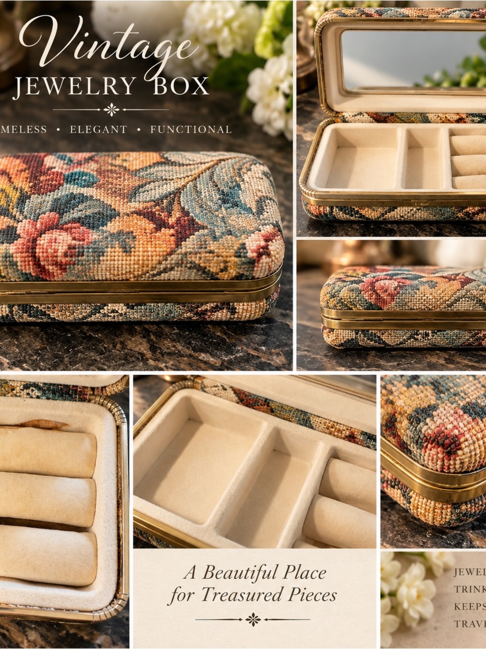 Vintage Floral Tapestry Jewelry Box in Cream, Blue, Pink and Gold